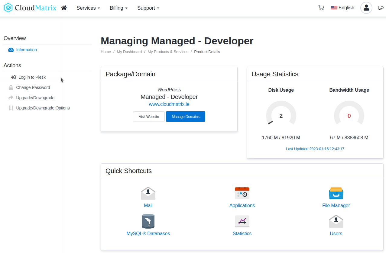 Cloud Matrix service management page and loging to plesk button