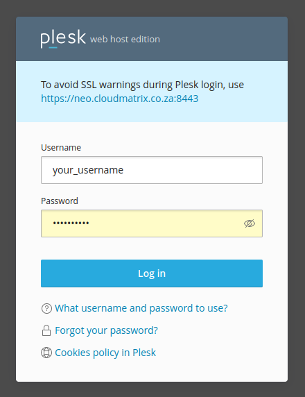 plesk login form with hostname link