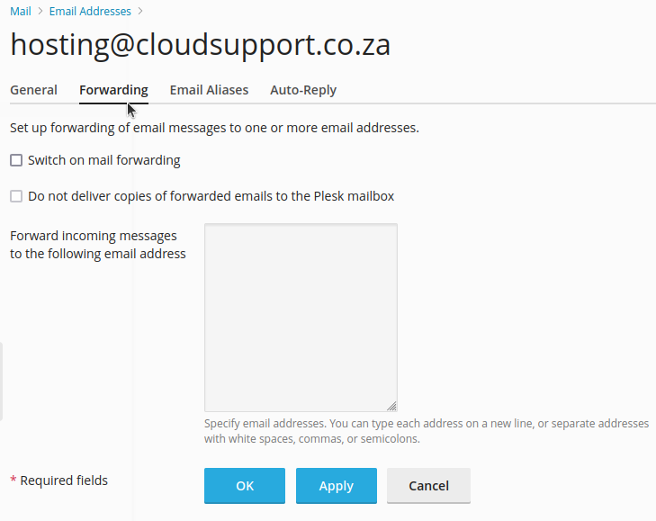 Plesk email addresses forwarding tab